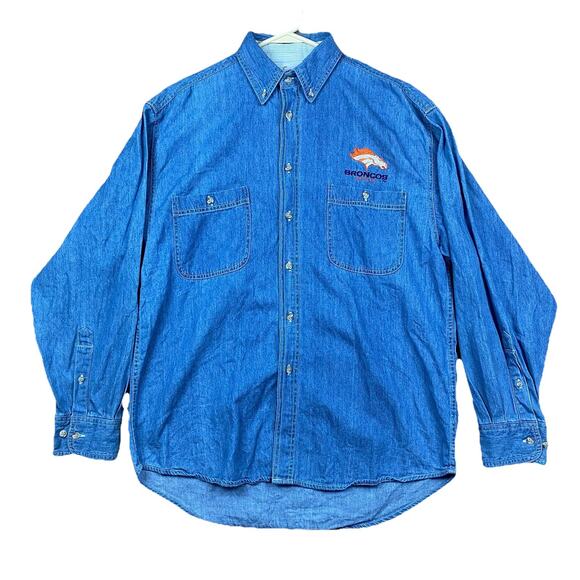 VTG Denver Broncos Denim Button Down Shirt Medium Long Sleeve Made Hong Kong - Picture 1 of 7